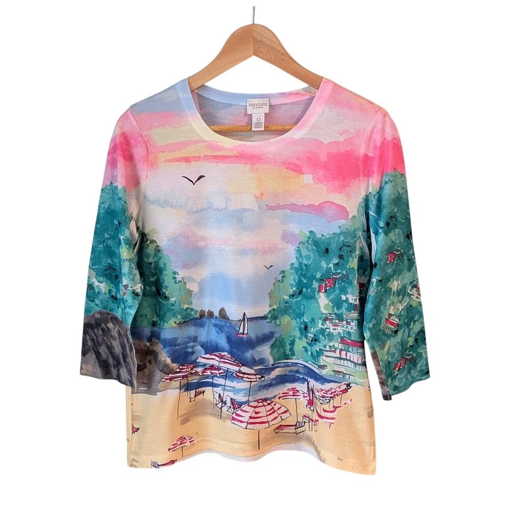 Weekends by Chico’s Scenic Top Small Artsy Beachy Retro Seaside Coastal Grandma